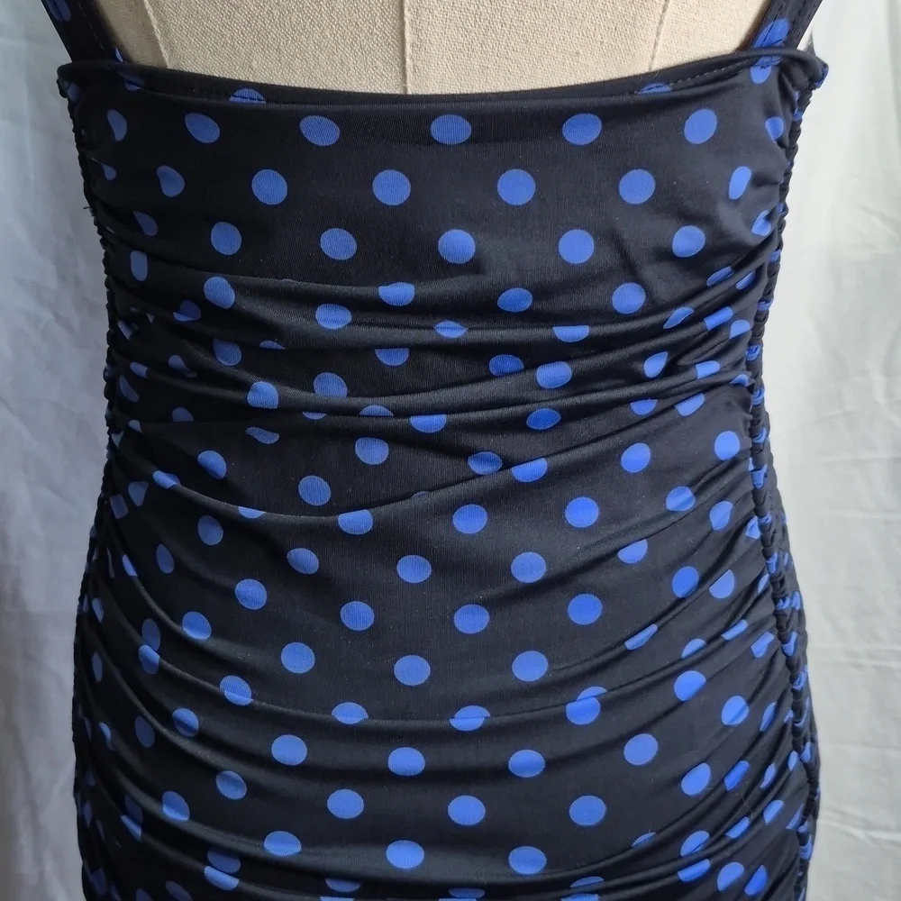 DKNY One Piece Swimsuit Black/Blue Polka Dot Side Ruching V Neck Swimwear Sz 10 - Picture 6 of 15